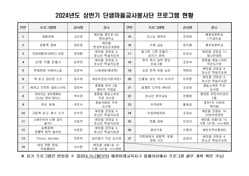1.2024년도 상반기 단샘마을교사봉사단 프로그램 수강신청 안내
